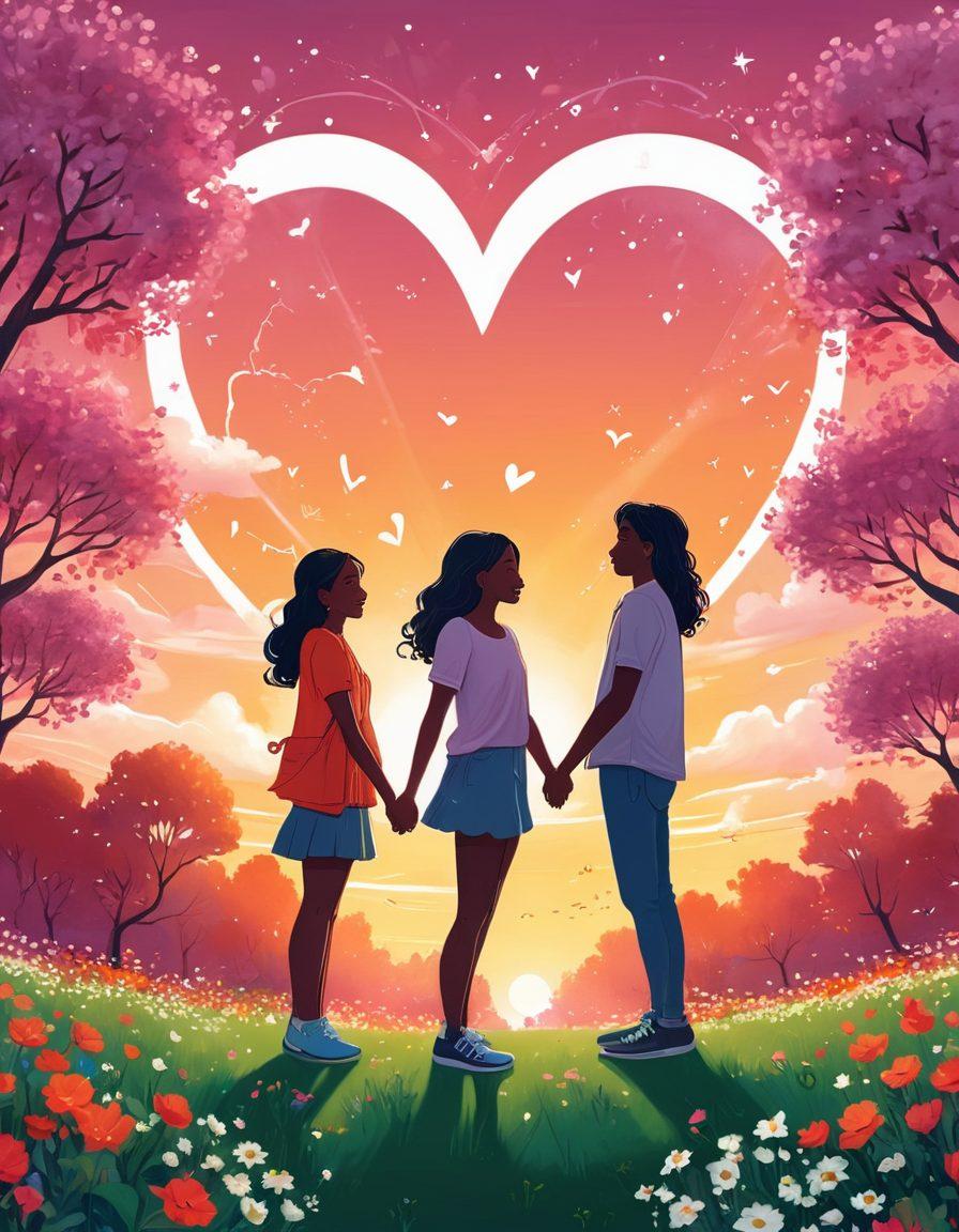 A whimsical illustration of two friends in a park, gradually transitioning from casual to romantic, surrounded by blooming flowers symbolizing new love. Their playful expressions convey joy and excitement as they hold hands, with a glowing sunset in the background representing hope and passion. Include elements like a heart-shaped cloud and doodles of hearts and stars around them. vibrant colors. digital art.