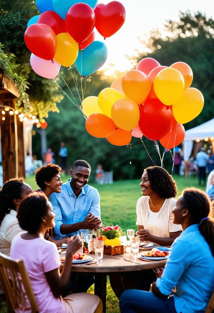 A warm, inviting scene of diverse couples interacting with community members at a vibrant outdoor event, sharing laughter and stories, surrounded by colorful decorations and nature. Include elements that symbolize connection, like intertwined hands or heart-shaped balloons. Capture the essence of love and community with a soft, glowing sunset in the background. super-realistic. vibrant colors. warm lighting.