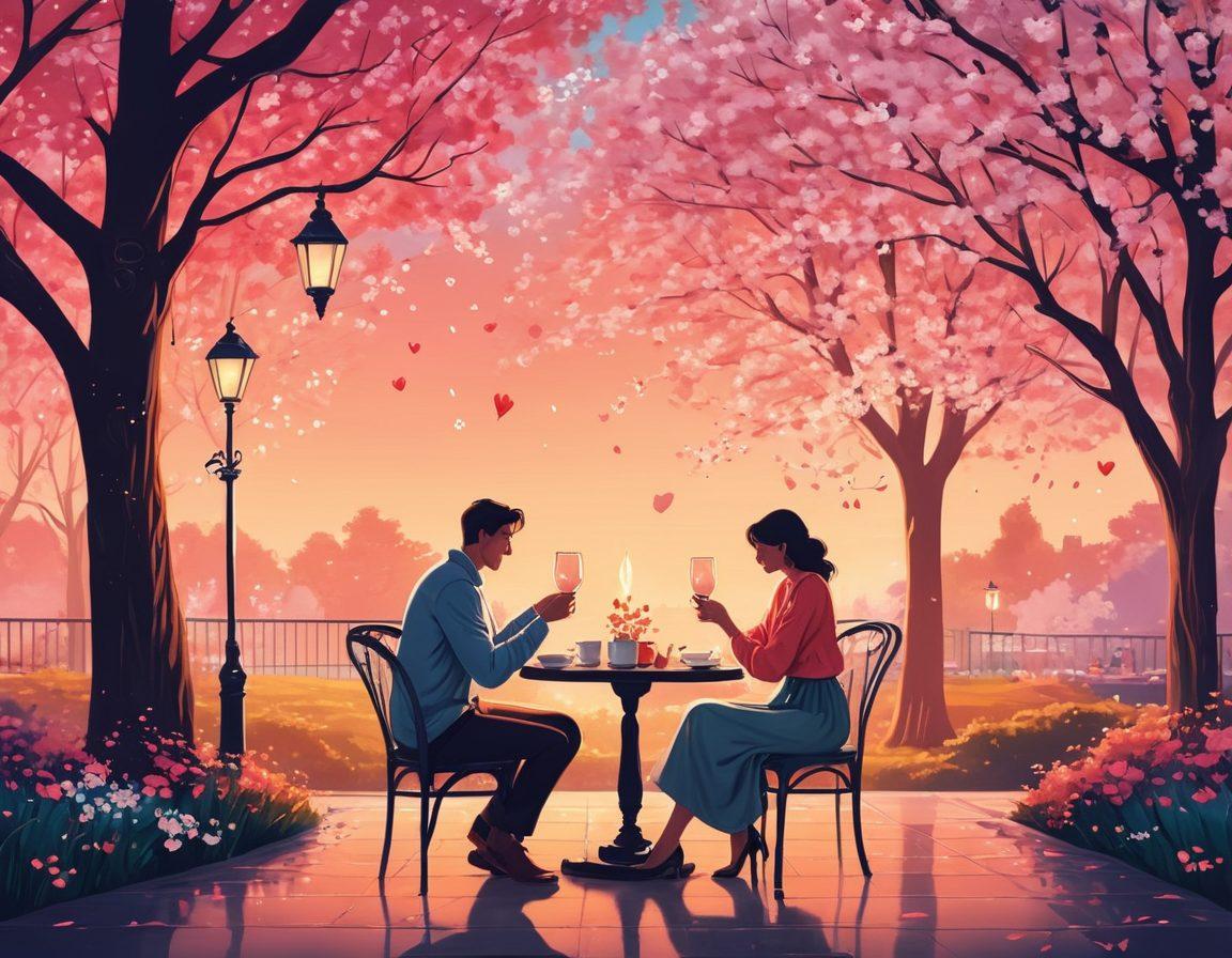 A whimsical illustration of diverse couples sharing intimate moments in various romantic settings, such as a cozy café, a park under blooming cherry blossoms, and a candle-lit dinner at home. Include elements like heart-shaped balloons and intertwined hands to symbolize connection and love. Add a dreamy, soft color palette to evoke warmth and positivity, while showcasing the vibrancy of modern dating. vector art. vibrant colors. romantic theme.